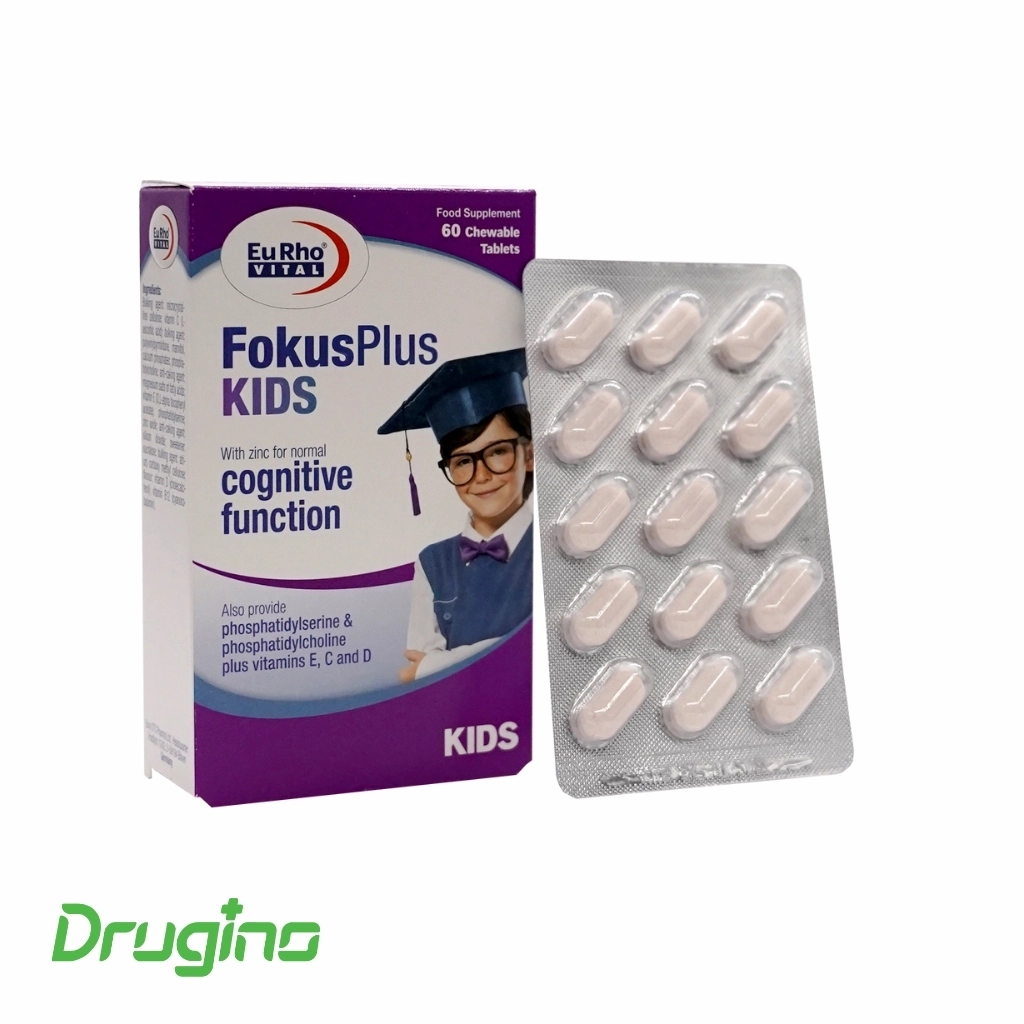 Fokus plus kids (1) قرص فوکوس پلاس کیدز یوروویتال بسته ۶۰ عددی، مکمل تقویت تمرکز، حافظه و عملکرد شناختی کودکان حاوی ویتامینهای C ،E ،D و زینک
