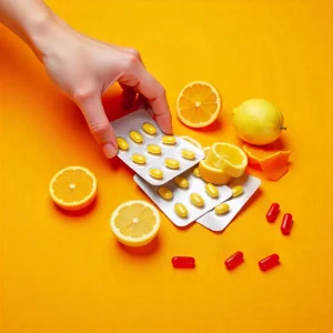 کپسولهای ویتامینD همراه با پرتقال تازه روی پسزمینه نارنجی، نمادی از فواید ویتامین D2 و D3 برای تقویت سیستم ایمنی و سلامت استخوانها