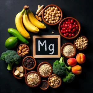 «مواد غذایی سرشار از منیزیم شامل موز، مغزیجات، سبزیجات برگ‌سبز و غلات؛ مرتبط با نقش مکمل منیزیم پلاس در کاهش خستگی و بهبود عملکرد عضلانی»