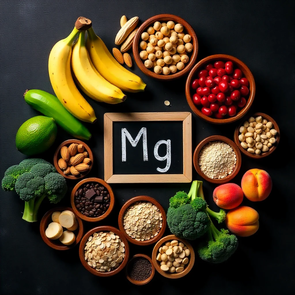 «مواد غذایی سرشار از منیزیم شامل موز، مغزیجات، سبزیجات برگسبز و غلات؛ مرتبط با نقش مکمل منیزیم پلاس در کاهش خستگی و بهبود عملکرد عضلانی»