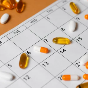 «قرص‌ها و کپسول‌های مکمل روی یک تقویم ماهانه؛ نماد برنامه‌ریزی برای مصرف منظم و اثرگذاری ویتامین D3 و K2»