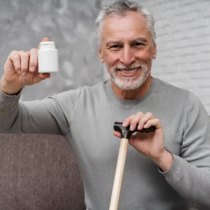 «مرد سالمند در حال نگه‌داشتن مکمل غذایی؛ نمایی مرتبط با مصرف مولتی‌ویتامین سالمندان برای افزایش انرژی و قوای جسمی»