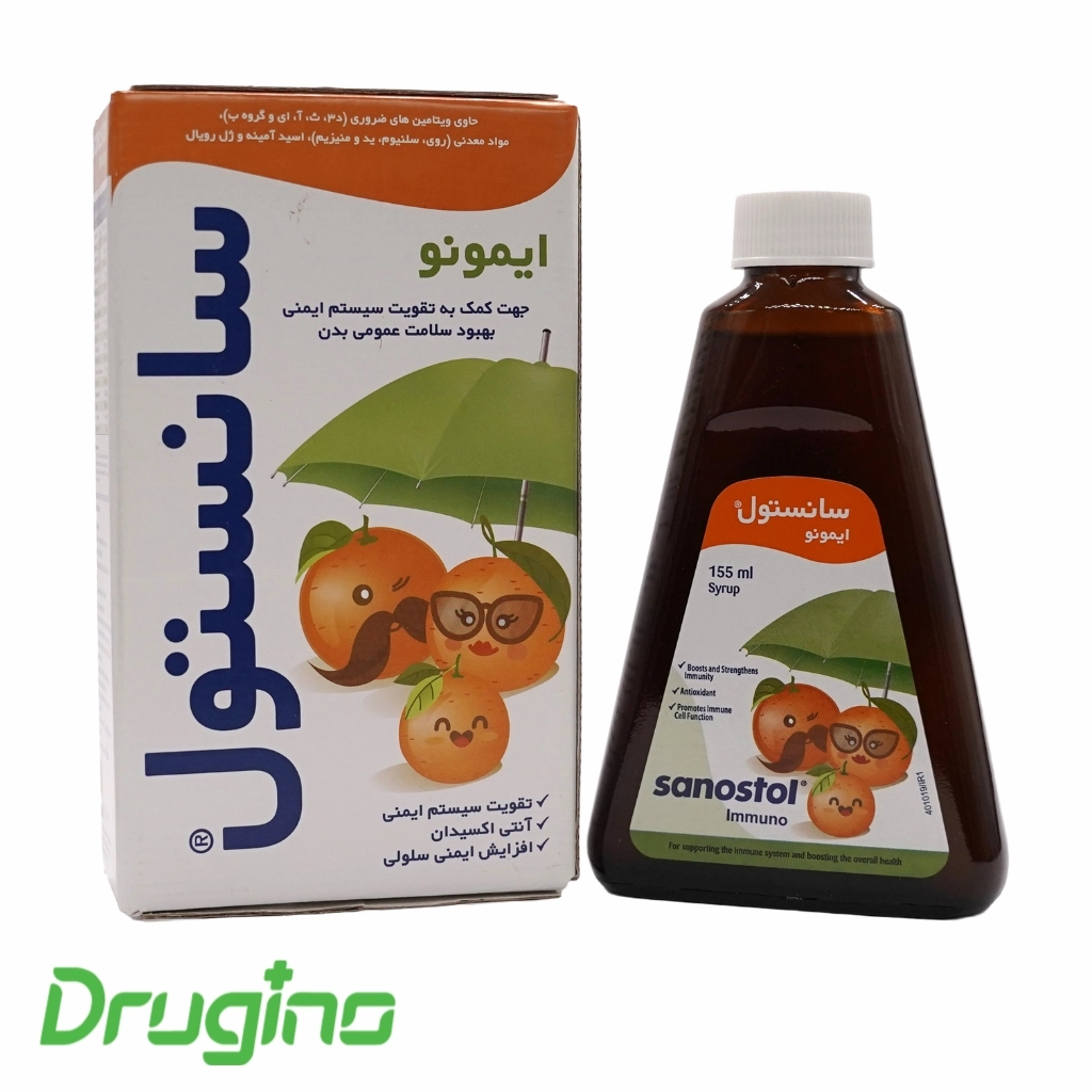 drugino blog post (1) (1) شربت ایمونو سانستول 155 میلیلیتر؛ مکمل تقویت سیستم ایمنی کودکان و بزرگسالان حاوی ویتامینها، مواد معدنی، آنتیاکسیدانها و ژل رویال برای افزایش مقاومت بدن و حفظ سلامت عمومی
