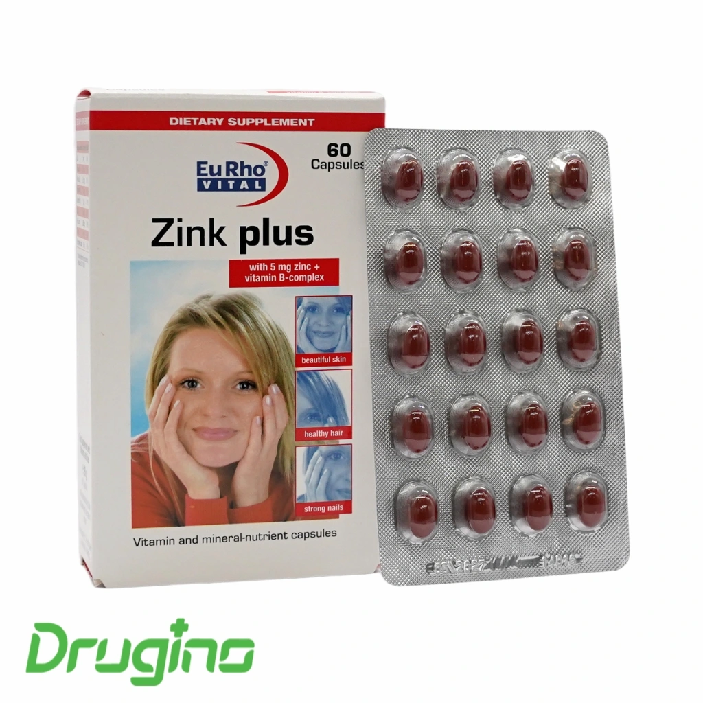 drugino blog post (1) کپسول زینک پلاس یوروویتال ۶۰ عددی ۵ میلیگرم؛ مکمل تقویت پوست، مو و ناخن حاوی زینک و ویتامینهای گروه B برای حمایت از سیستم ایمنی و سلامت عمومی بدن
