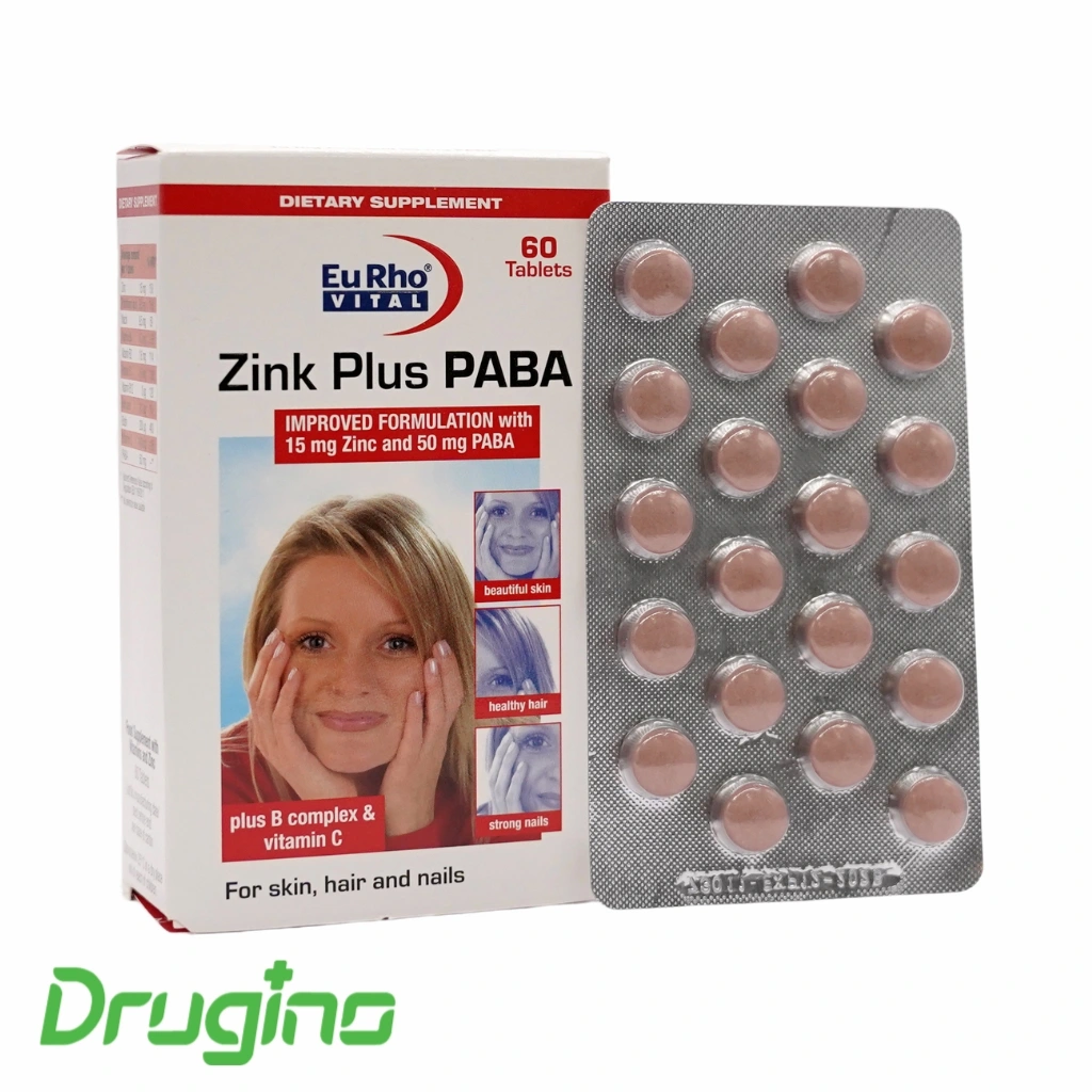 قرص زینک پلاس پابا یوروویتال 60 عددی؛ مکمل تقویت پوست، مو و ناخن حاوی ۱۵ میلی‌گرم زینک، پابا، ویتامین C و ویتامین‌های گروه B برای کمک به کاهش ریزش مو و حفظ سلامت مو و پوست