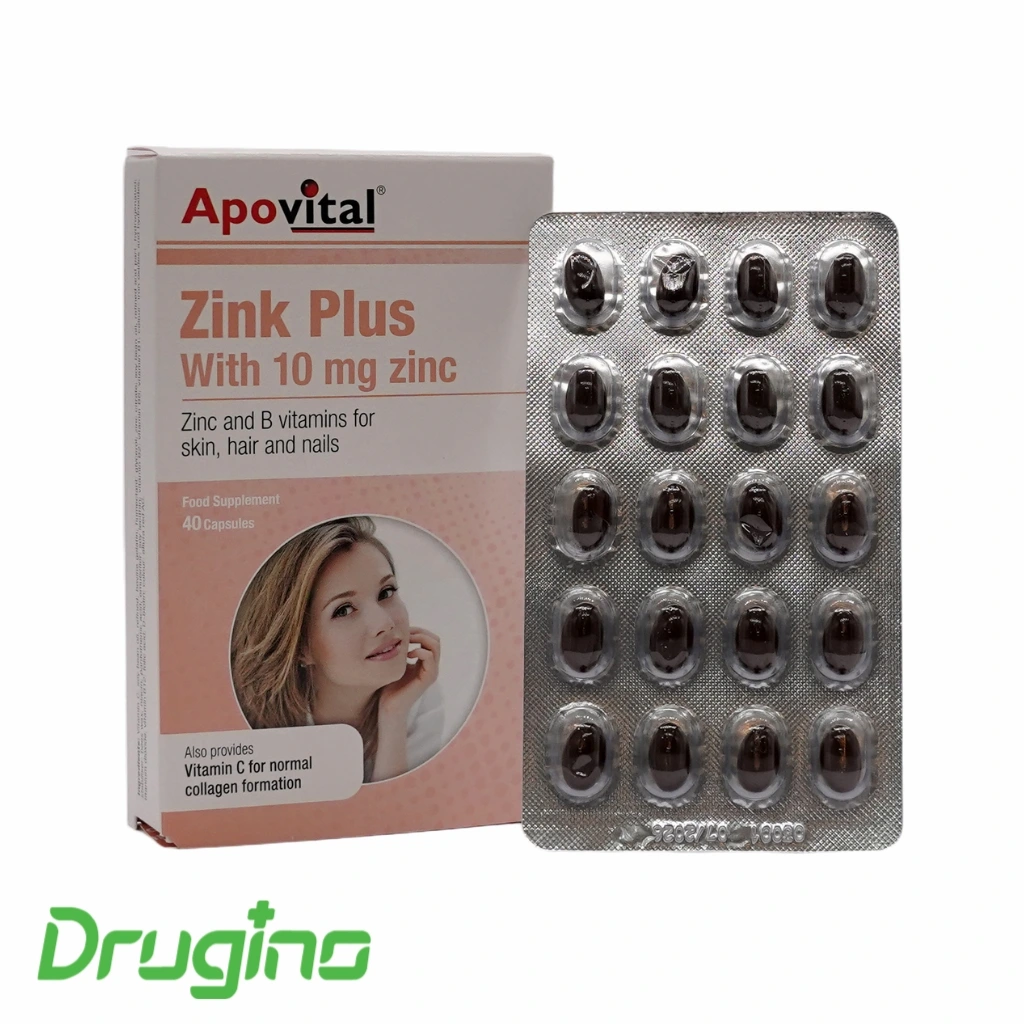 drugino blog post (3) (1) کپسول زینک پلاس آپوویتال 40 عددی؛ مکمل تقویت پوست، مو و ناخن حاوی ۱۰ میلیگرم زینک و ویتامینهای گروه B برای حمایت از سیستم ایمنی و سلامت عمومی بدن