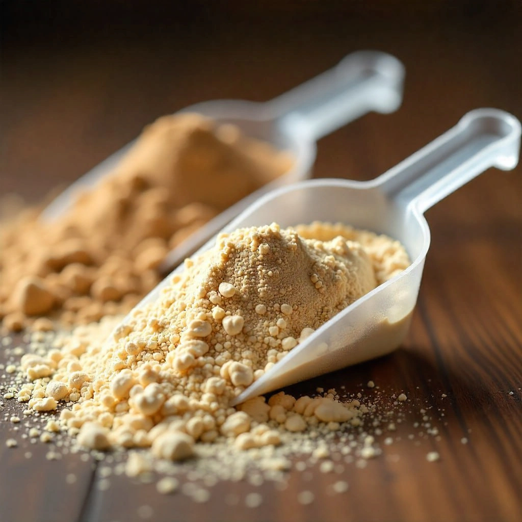 «نمای نزدیک از دو اسکوپ پودر مکمل ورزشی با بافتهای متفاوت؛ نشاندهنده تفاوت پودر گینر و وی پروتئین و کاربرد هرکدام برای اهداف عضلهسازی و افزایش وزن»